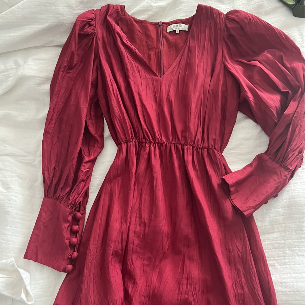 Sea New York Wine-Red Midi Dress with Puff Sleeves